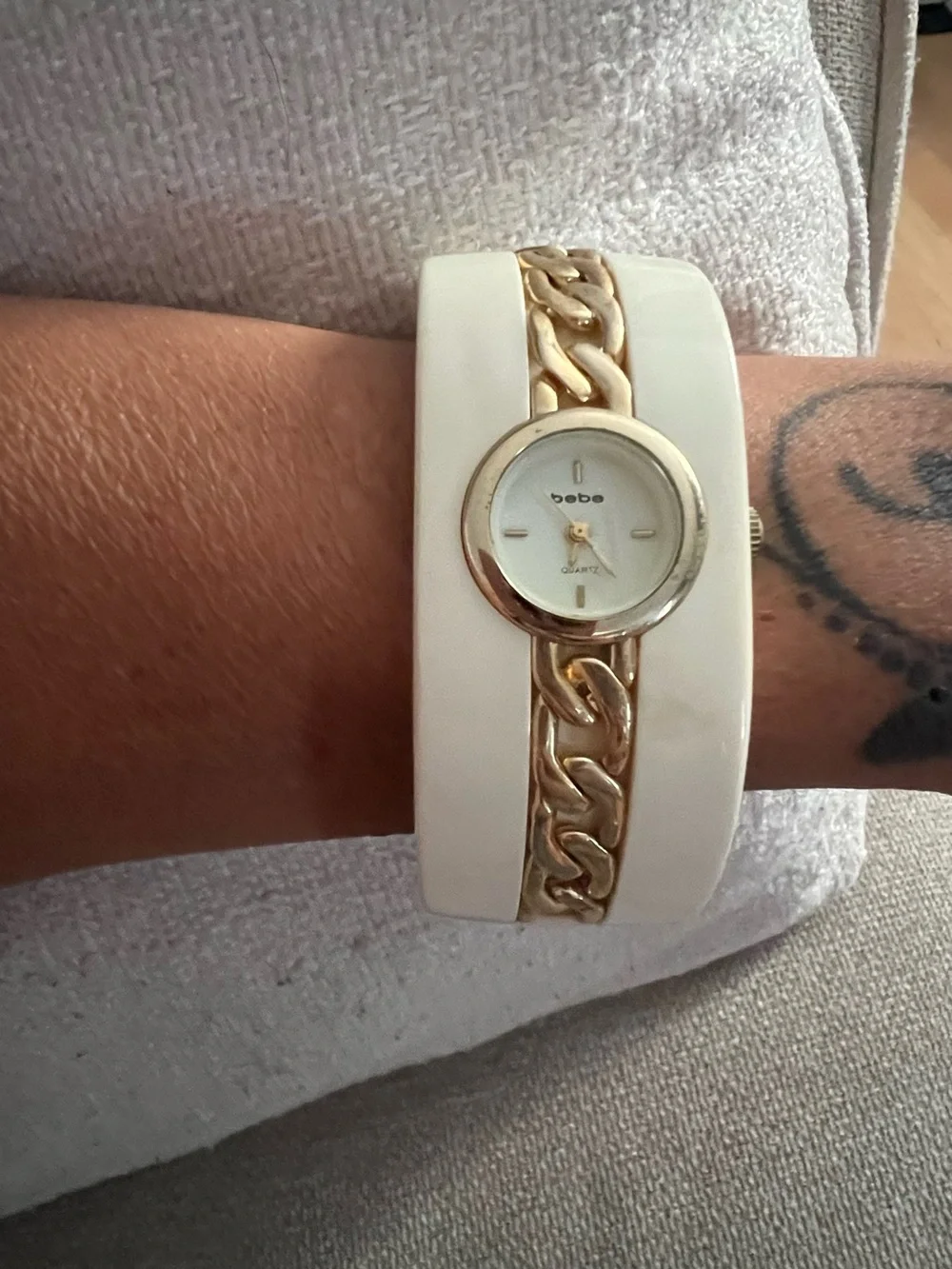 bebe White and Gold Chain Bangle Watch